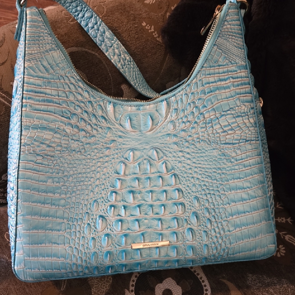 Brahmin Sky Blue Croc-Embossed Shoulder Bag